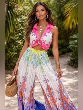 L'ATISTE Pink White Multicolor Wide-Leg Jumpsuit Pants